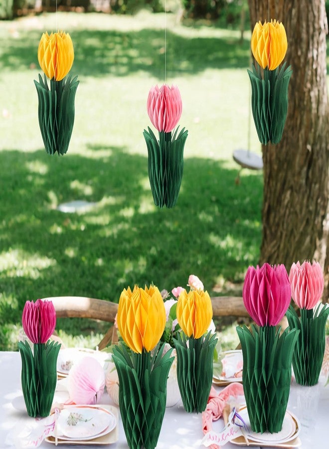 PAPER JAZZ 8 PCS Tulip Flower Centerpieces for Tables,Garden Party Centerpiece Decorations,Paper Flower Tulip Honeycomb Decor Spring Home Decoration for Office Pink Yellow Decor Summer. - Image 5